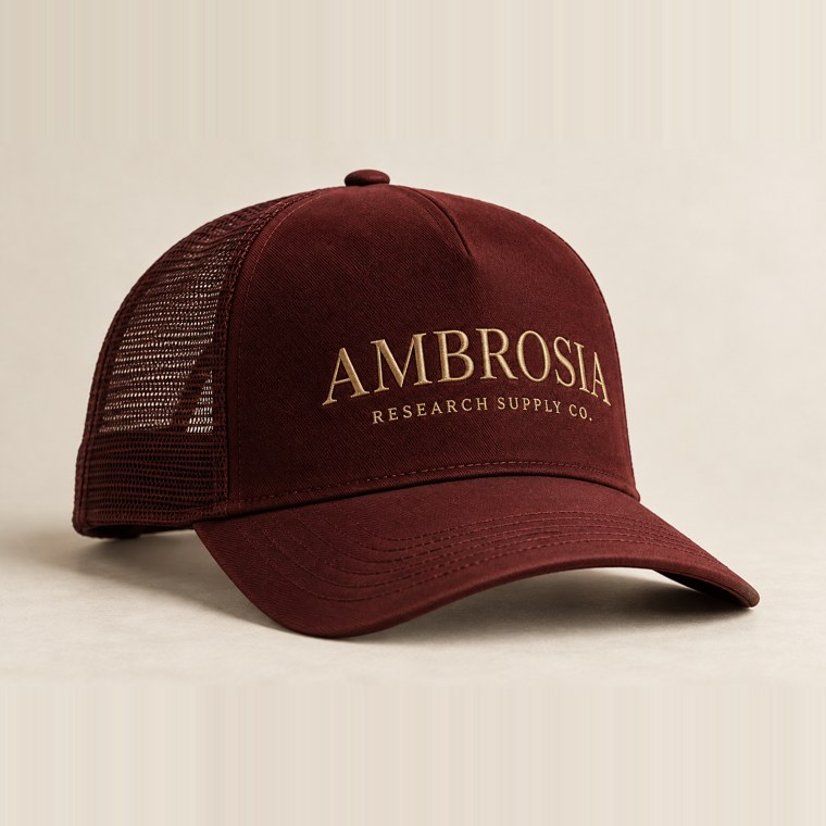 Burgundy Ambrosia trucker cap with gold embroidered logo