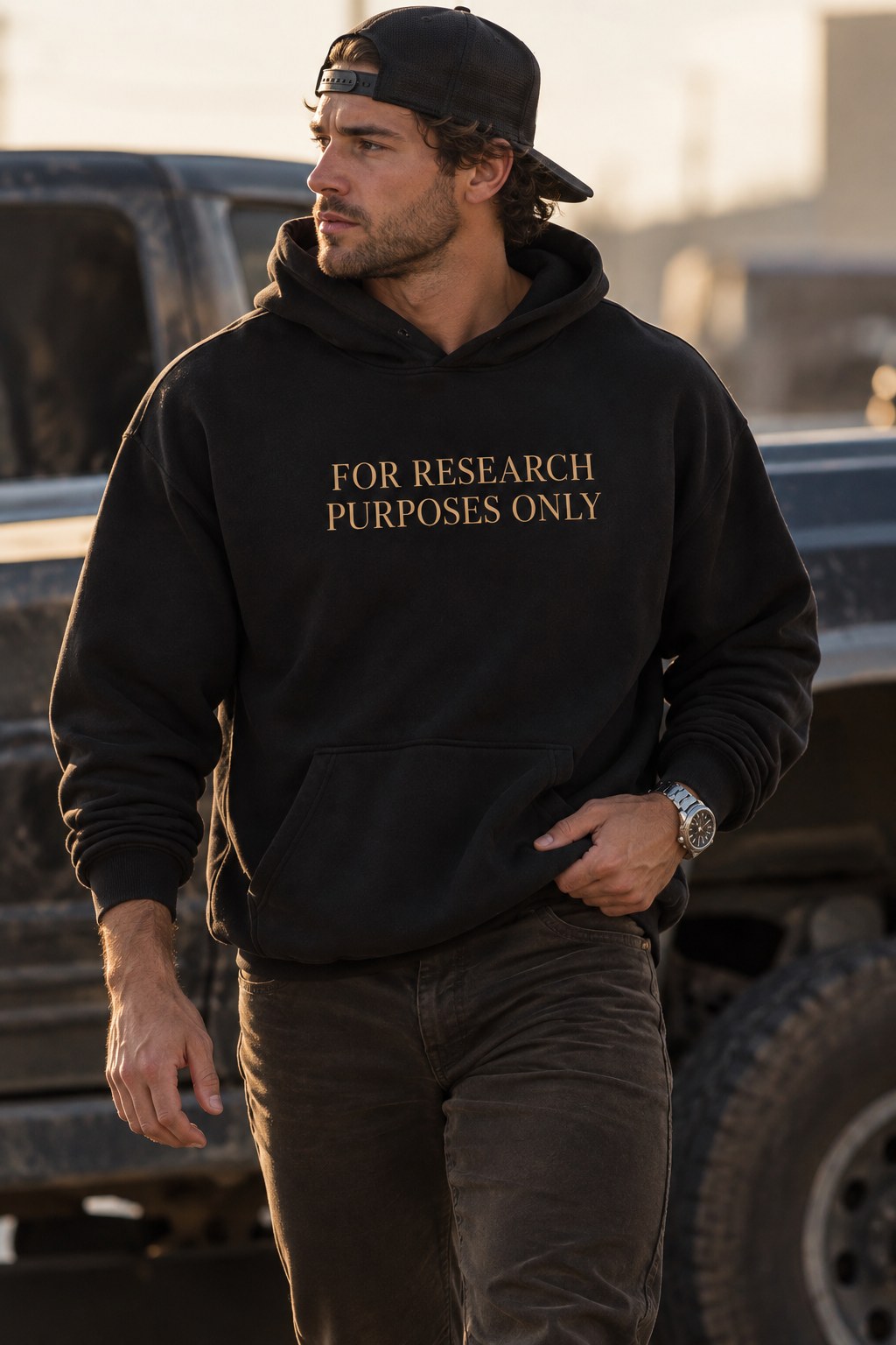 Man in a black Ambrosia hoodie and backwards cap walking past a pickup truck at golden hour